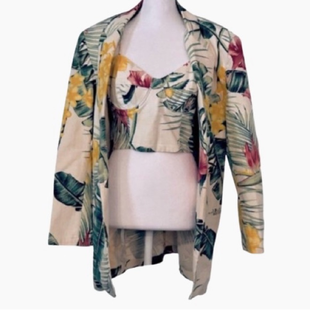 2-PC 100% Cotton Tropical Floral Blazer Bralette KAREN KANE Large Medium